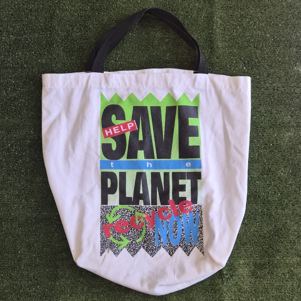 "Save The Planet" Tote Bag Graphic Neon Bright Canvas Recycle Eco 90s Retro 1990